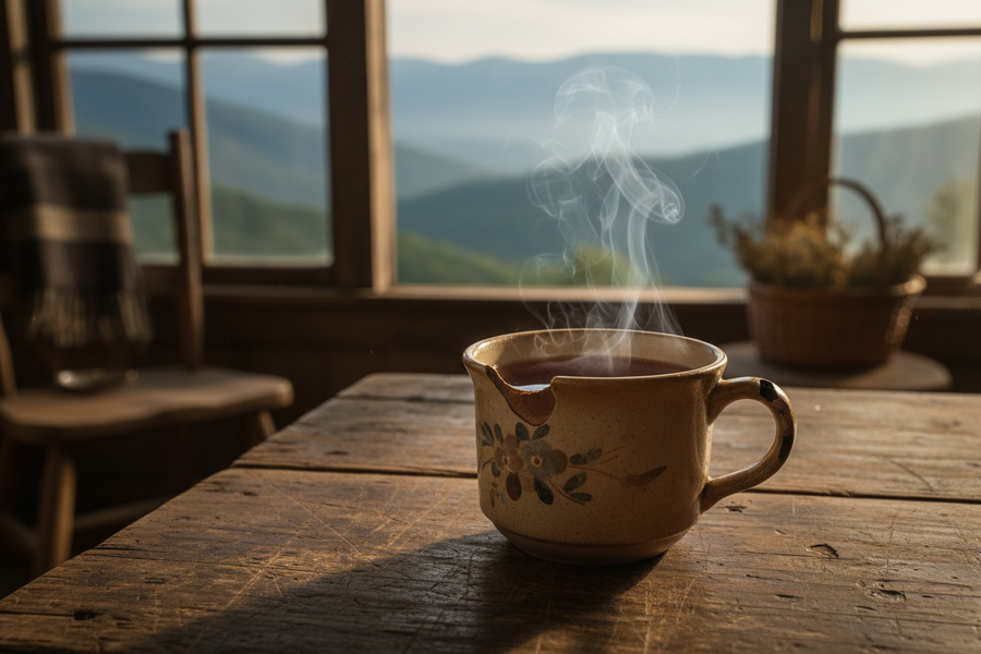A morning cup of black tea in an old mug in Appalachia. 