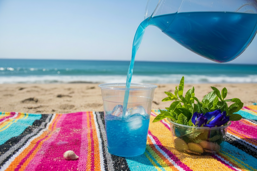 add a small plastic container with lemon verbena leaves, mint leaves, blue butterfly pea flowers and ginger.