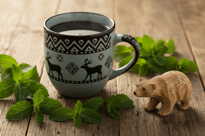 Black cocoa in a black and light blue Norwegian style mug on a table with lots of mint leaves and a small wooden polar bear also on the table.