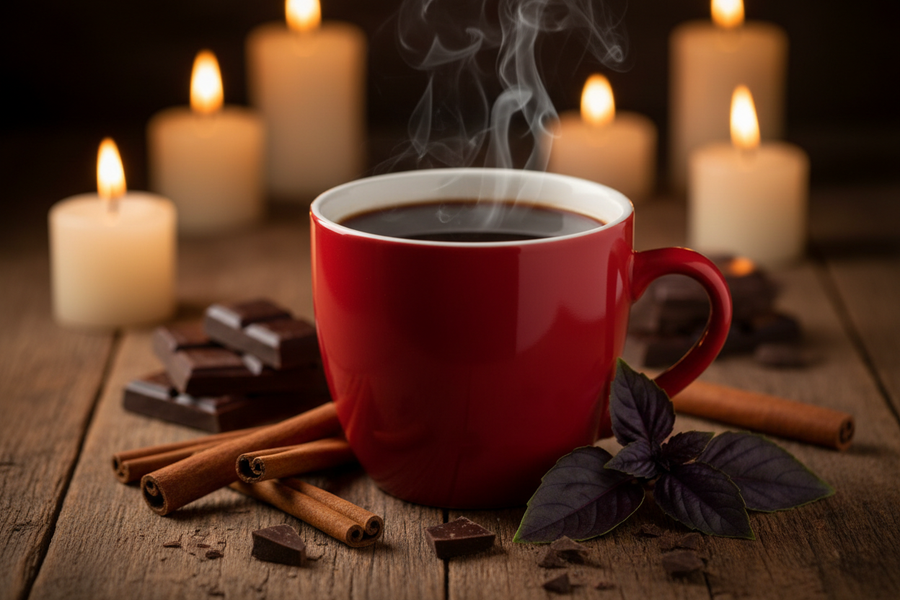 Black cocoa in a red mug on a table with cinnamon, purple basil leaves, chocolates at night time with candles.