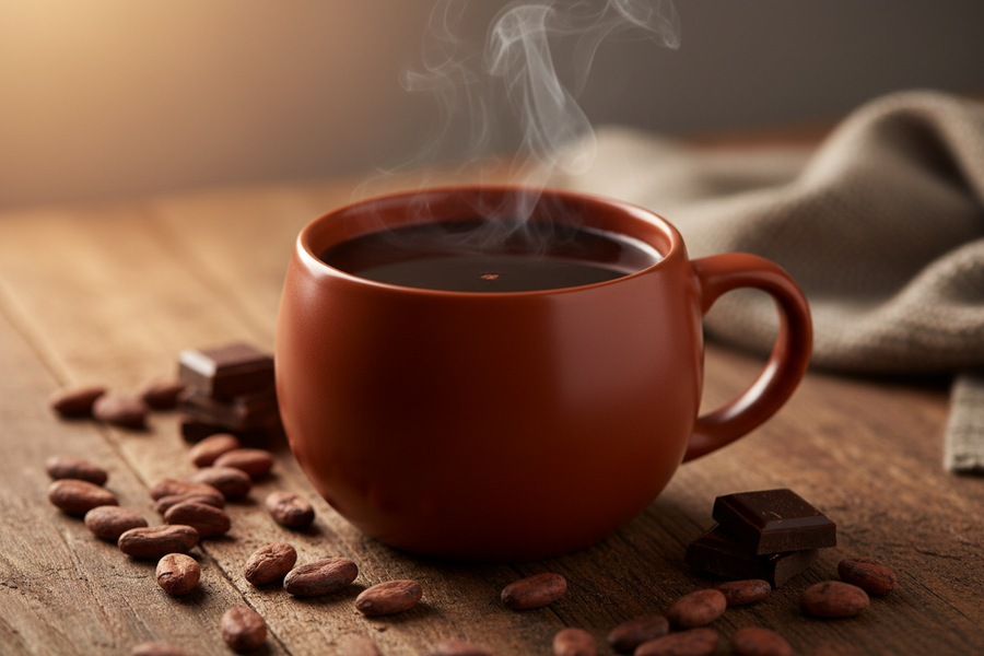 Black hot cocoa in a dark orange mug on a table with cocoa beans also on the table.