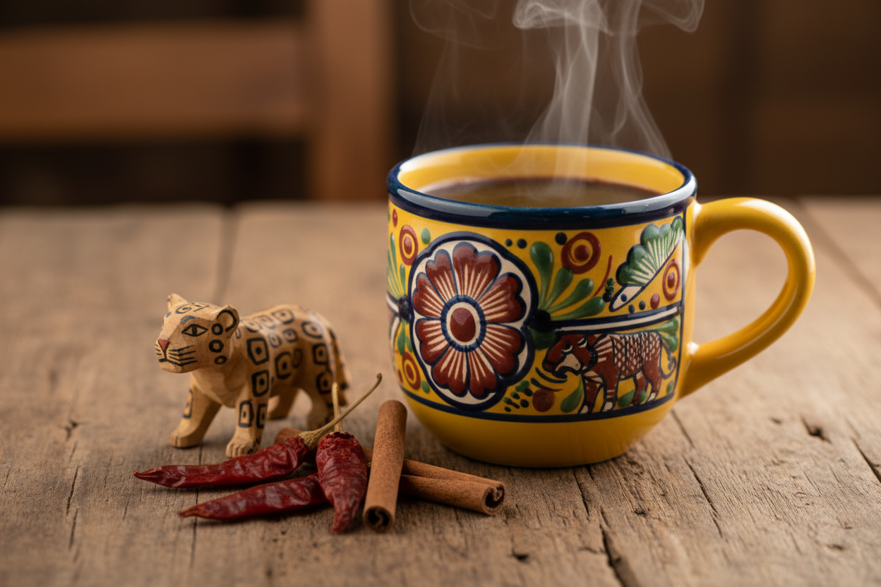 Black hot cocoa in a yellow Oaxacan style mug on a table with dried red chilis, cinnamon and a small wooden jaguar.