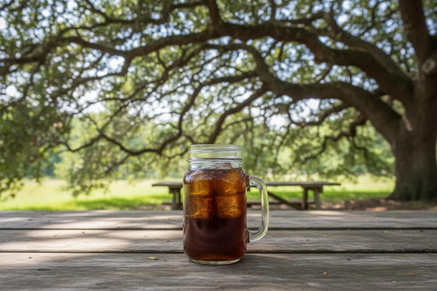 Black tea in a mason jar on a picnic table under an old live oak.