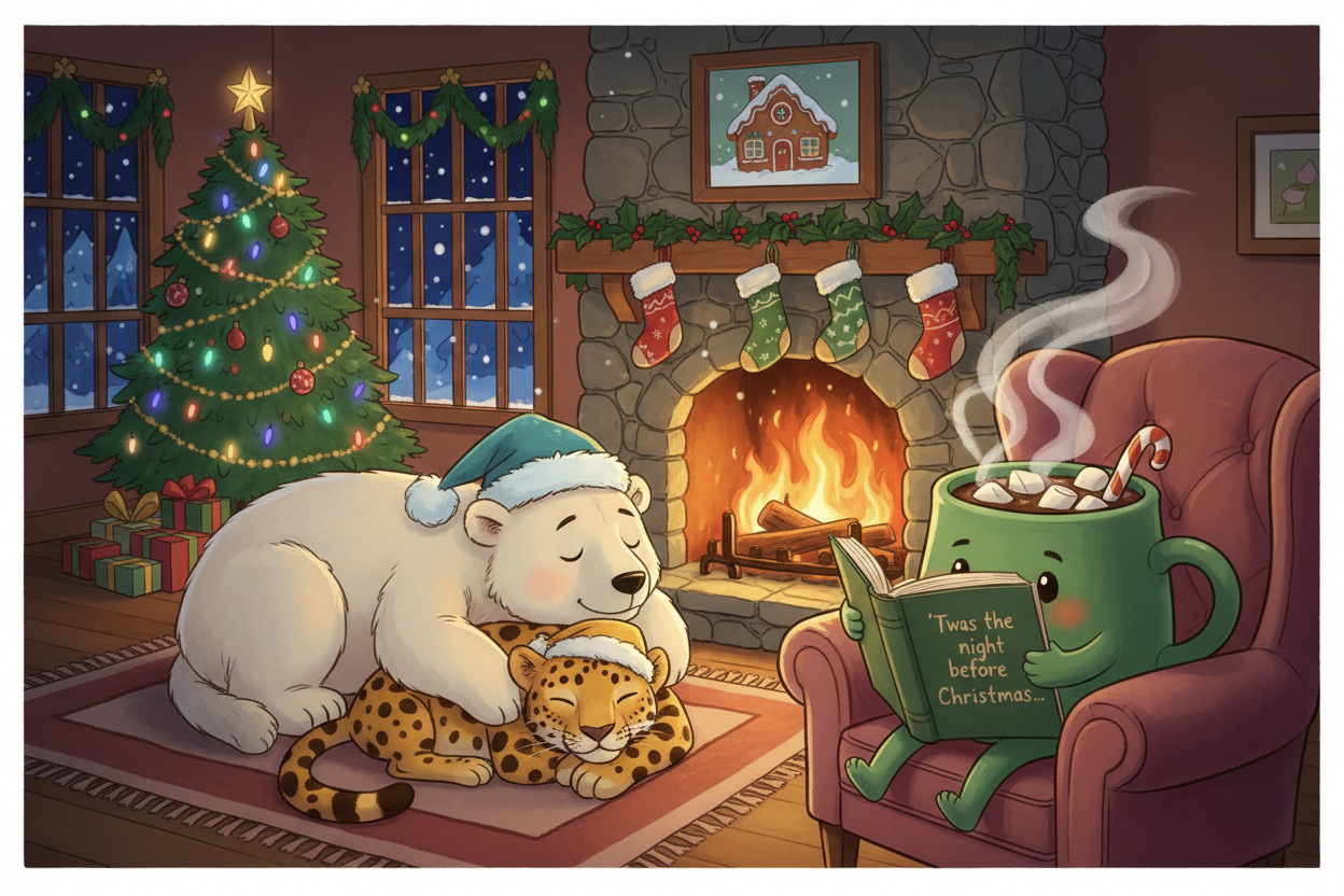 the polar bear is wearing a blue Santa hat and the jaguar is wearing a yellow Santa hat